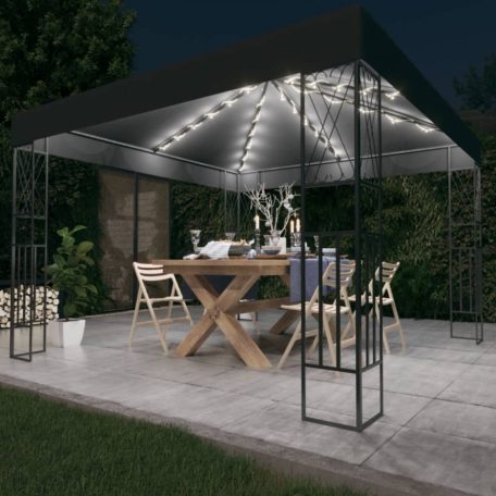 Antracitszürke szövet pavilon LED fényfüzérrel 3 x 3 m (3070327)