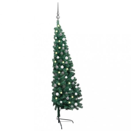 Zöld fél műkarácsonyfa LED fényekkel és gömbszettel 120 cm (3077649)