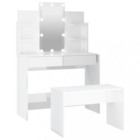 Magasfényű fehér szerelt fa fésülködőasztal-szett LED-ekkel (3114127)